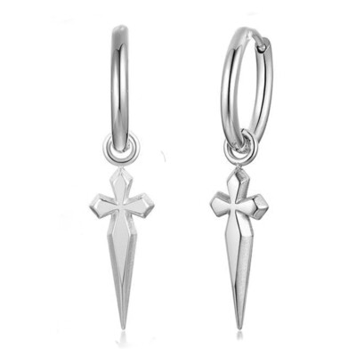 Mens Solid 925 Sterling Silver Dagger Cross Dangle Hoop Earrings