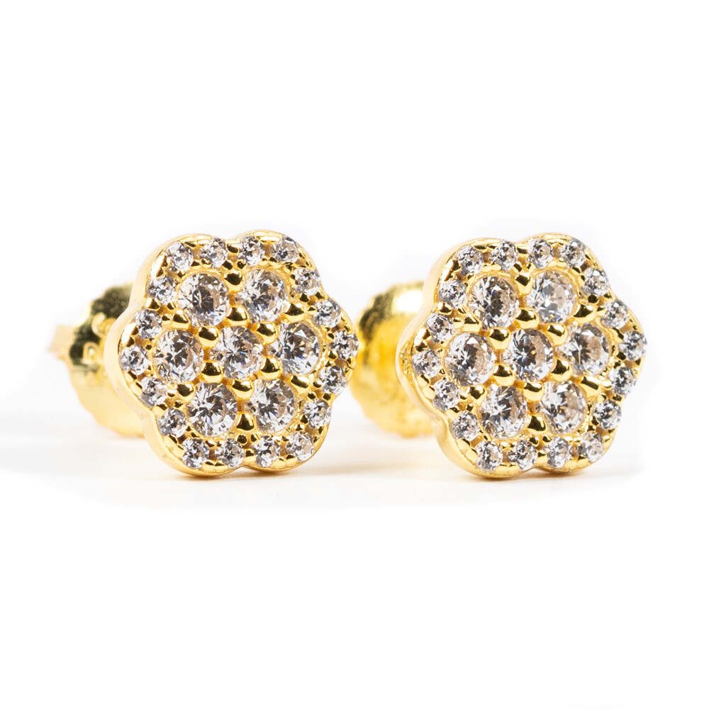 Gold 925 Sterling Silver Iced Flower Set Cluster Stud Earrings