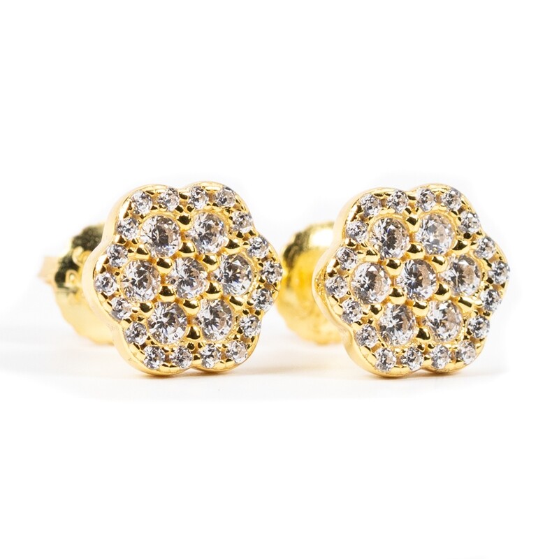 Gold 925 Sterling Silver Iced Flower Set Cluster Stud Earrings