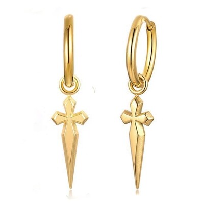 Mens Solid Gold Plated 925 Sterling Silver Cross Dangle Hoop Earrings