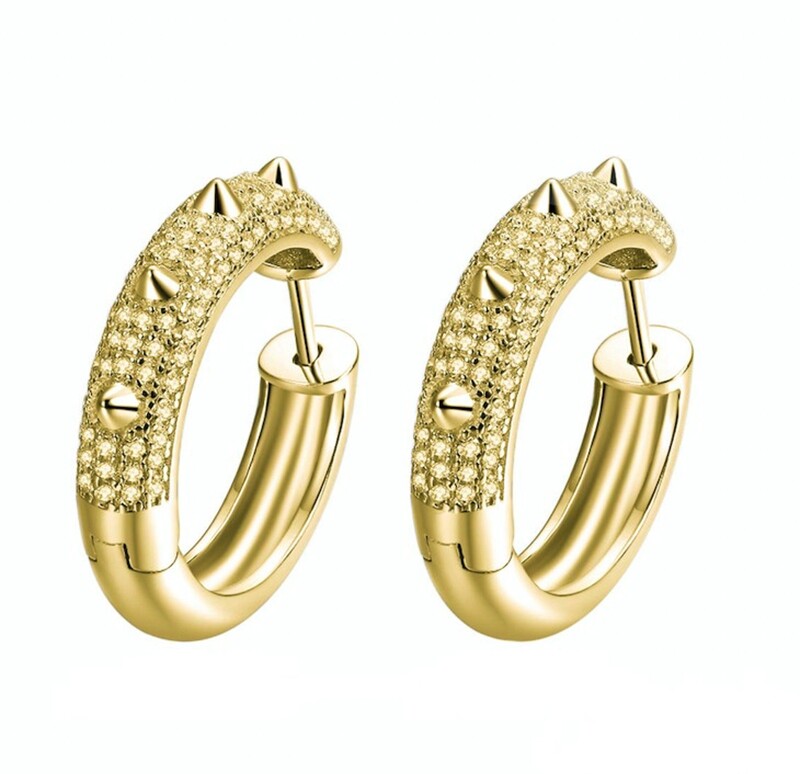 Men&#39;s Gold Plated 925 Sterling Silver Iced Spike Hoop Earrings