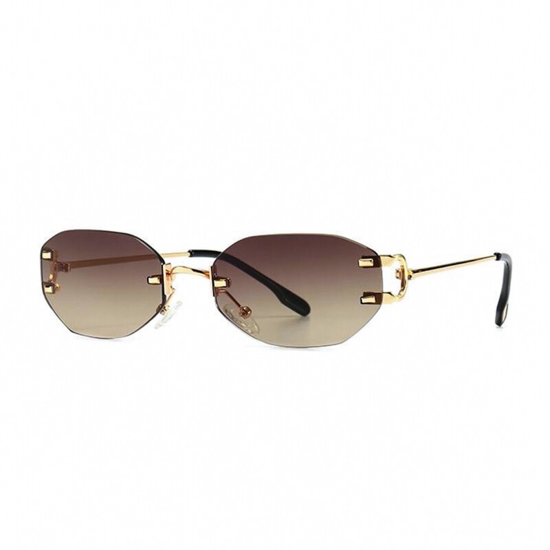 Gold Frame Brown Tint Oval Rimless Men&#39;s Summer Sunglasses