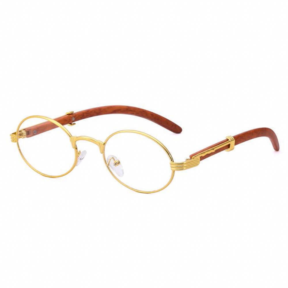 Men&#39;s Round Gold Frame Red Woodgrain Clear Lens Glasses