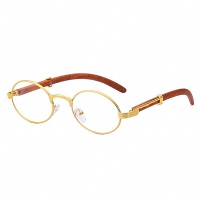 Men&#39;s Round Gold Frame Red Woodgrain Clear Lens Glasses