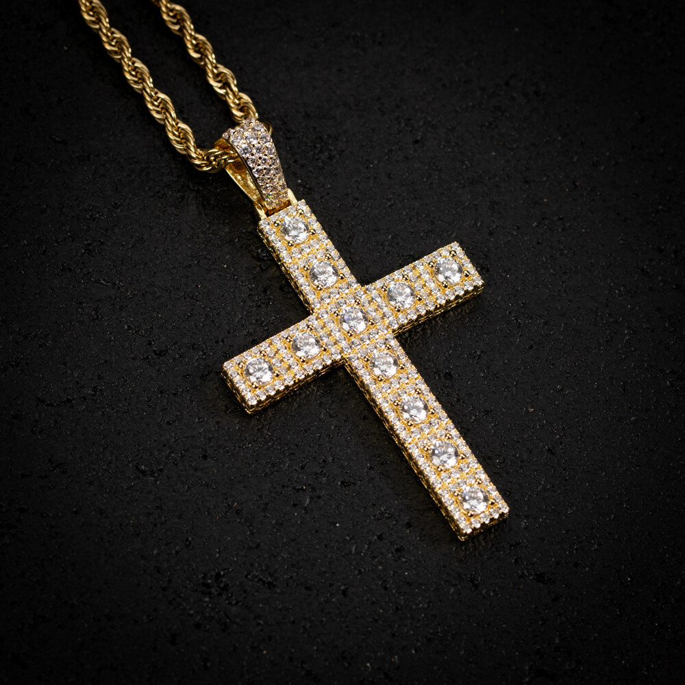 Gold Plated Iced Cz Pointer Men&#39;s Cross Pendant Necklace