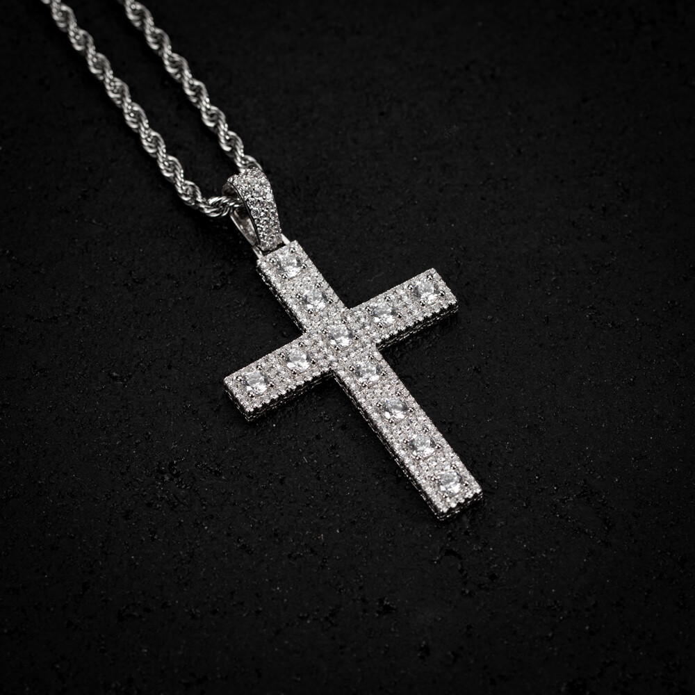 White Gold Plated Iced Cz Pointer Men&#39;s Cross Pendant Necklace