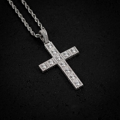 White Gold Plated Iced Cz Pointer Men&#39;s Cross Pendant Necklace