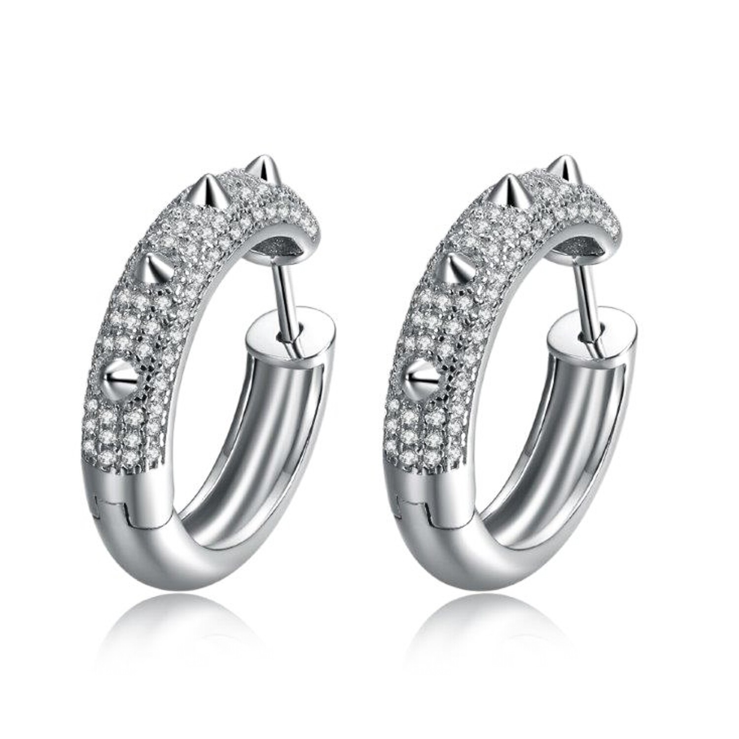 Men&#39;s White Gold Plated 925 Sterling Silver Iced Spike Hoop Earrings