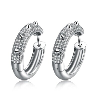 Men&#39;s White Gold Plated 925 Sterling Silver Iced Spike Hoop Earrings