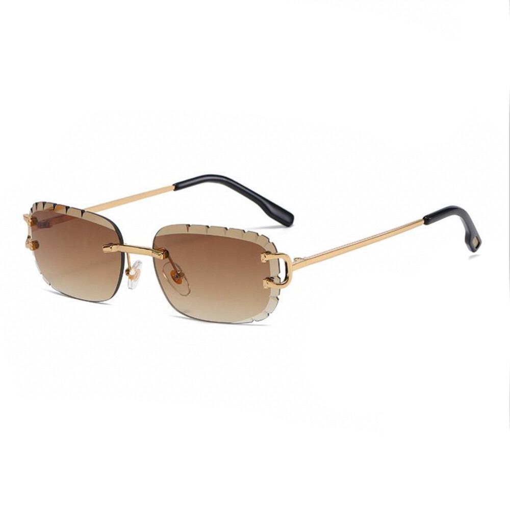 Men&#39;s Diamond Cut Brown Tint Rimless Gold Frame Hip Hop Sunglasses