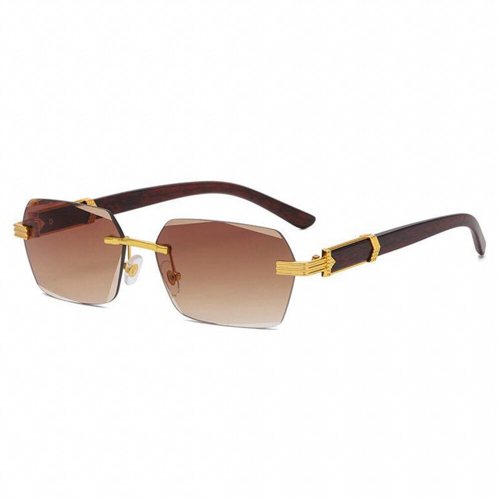 Rimless Gold Frame Men&#39;s Brown Tint Woodgrain Sunglasses