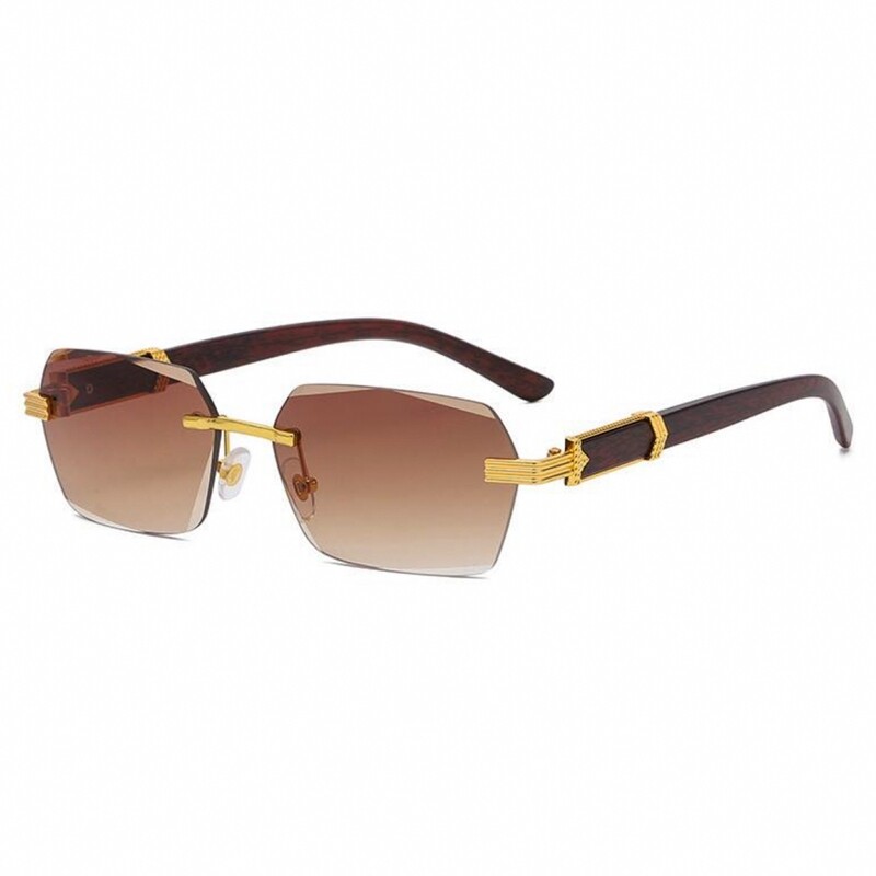 Rimless Gold Frame Men&#39;s Brown Tint Woodgrain Sunglasses