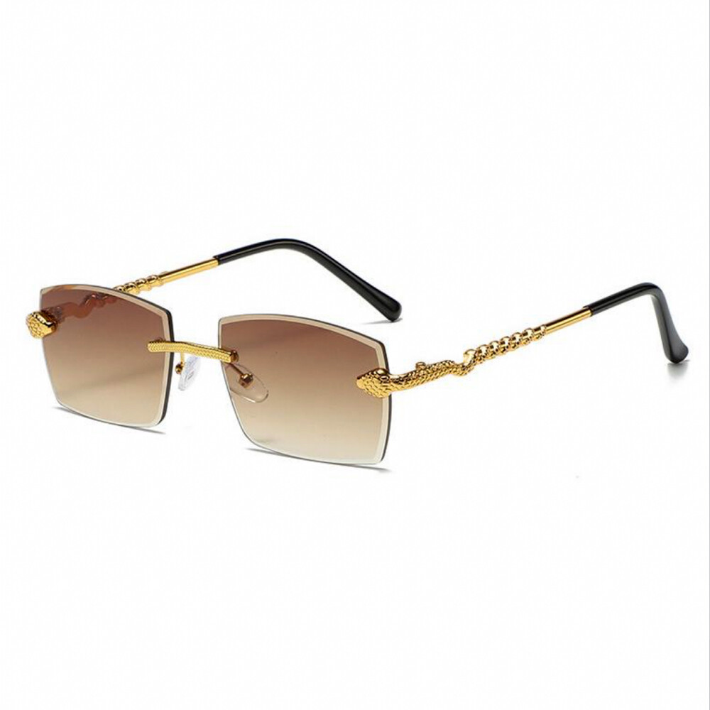 Men&#39;s Brown Tint Gold Frame King Snake Rimless Sunglasses