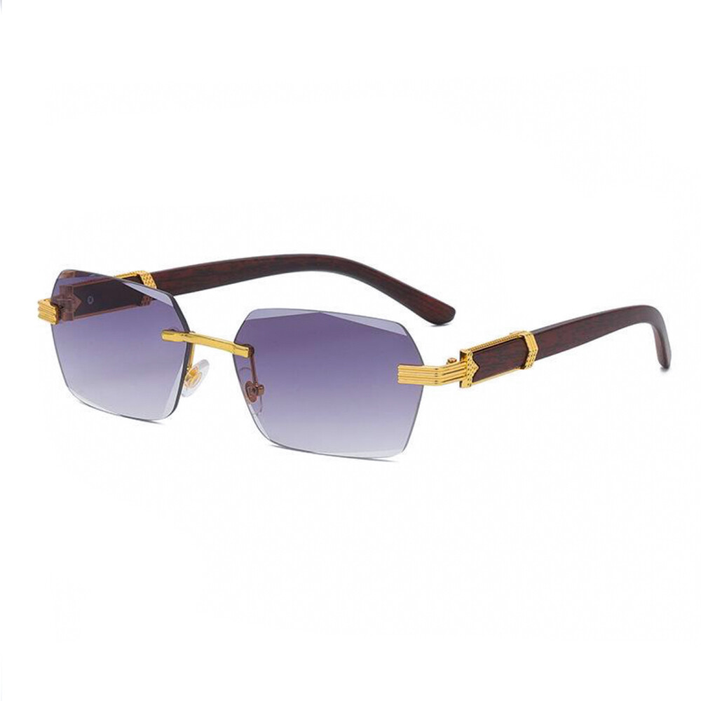 Rimless Gold Frame Men&#39;s Purple Tint Woodgrain Sunglasses