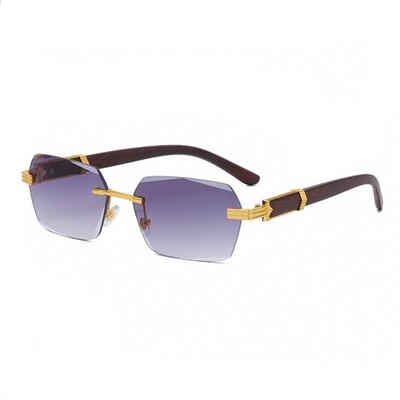 Rimless Gold Frame Men&#39;s Purple Tint Woodgrain Sunglasses