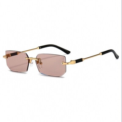 Men&#39;s Pink Tint Rimless Gold Frame Hip Hop Sunglasses