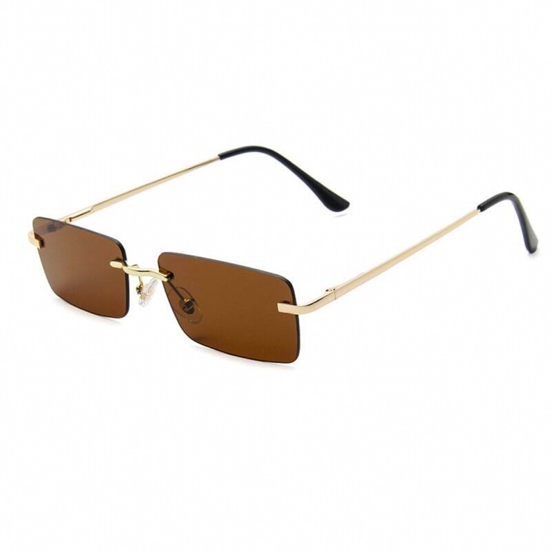 Rectangular Brown Tint Gold Frame Men&#39;s Rimless Sunglasses