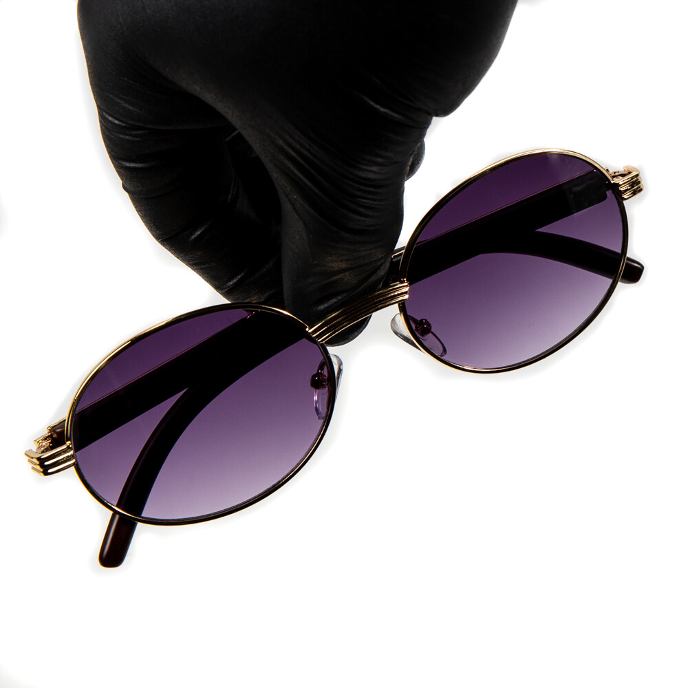 Round Gold Frame Purple Tint Woodgrain Sunglasses