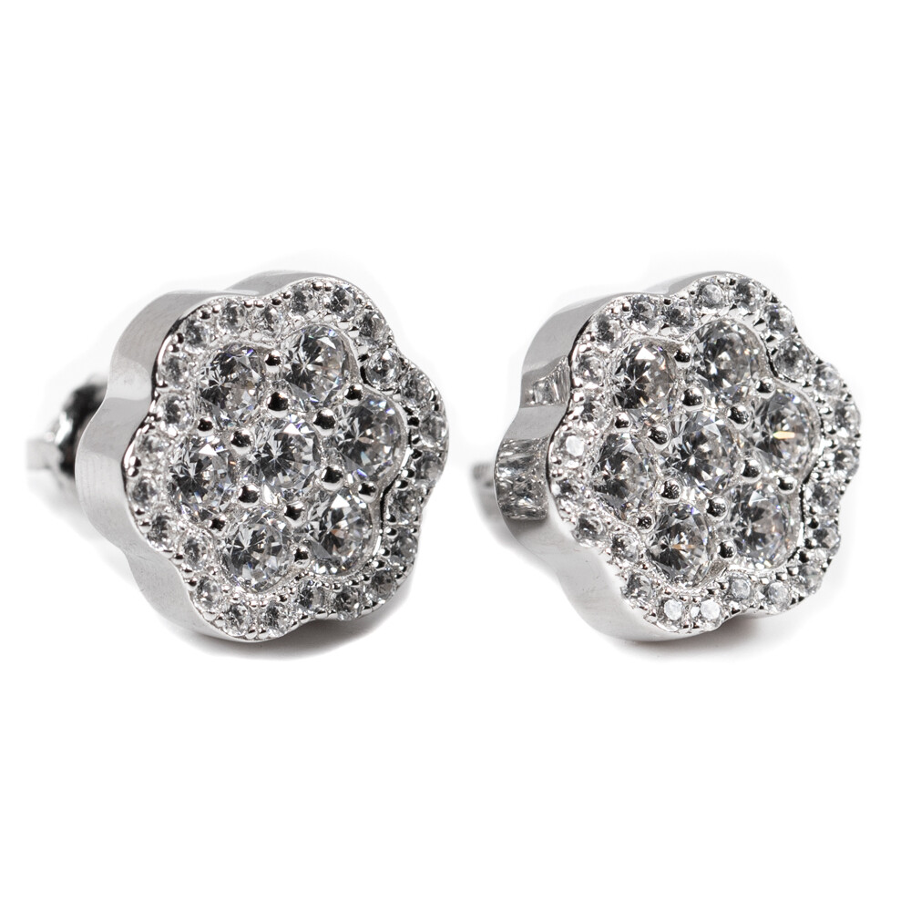 Men&#39;s Large Sterling Silver Iced Flower Set Cluster Stud Earrings