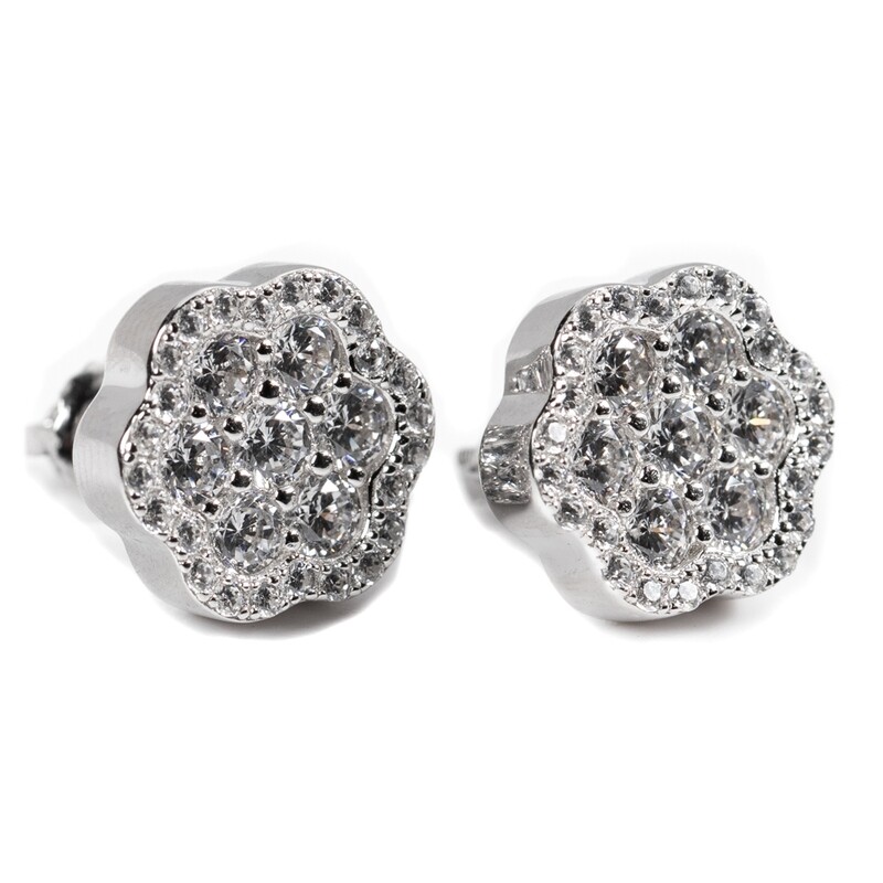 Men&#39;s Large Sterling Silver Iced Flower Set Cluster Stud Earrings