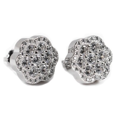 Men&#39;s Large Sterling Silver Iced Flower Set Cluster Stud Earrings
