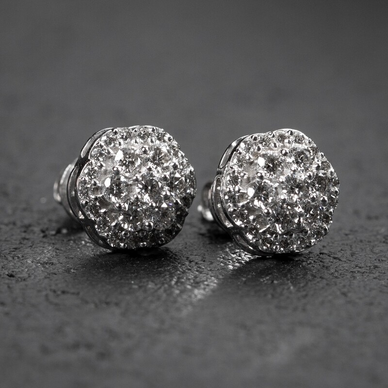 White Gold 14K Flower Cluster 0.70Ct Diamond Stud Earrings