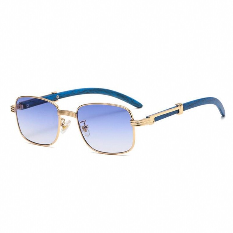 Vintage Woodgrain Gold Frame Sky Blue Tint Lens Men&#39;s Pilot Sunglasses