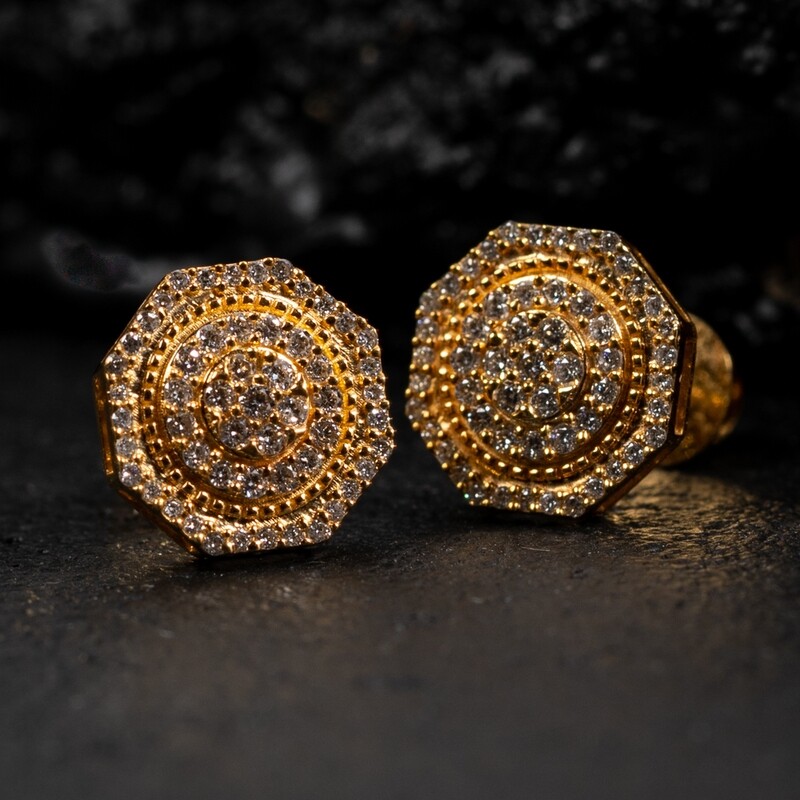 Hip Hop Men&#39;s 14K Yellow Gold 0.46Ct Diamond Octagon Stud Earrings