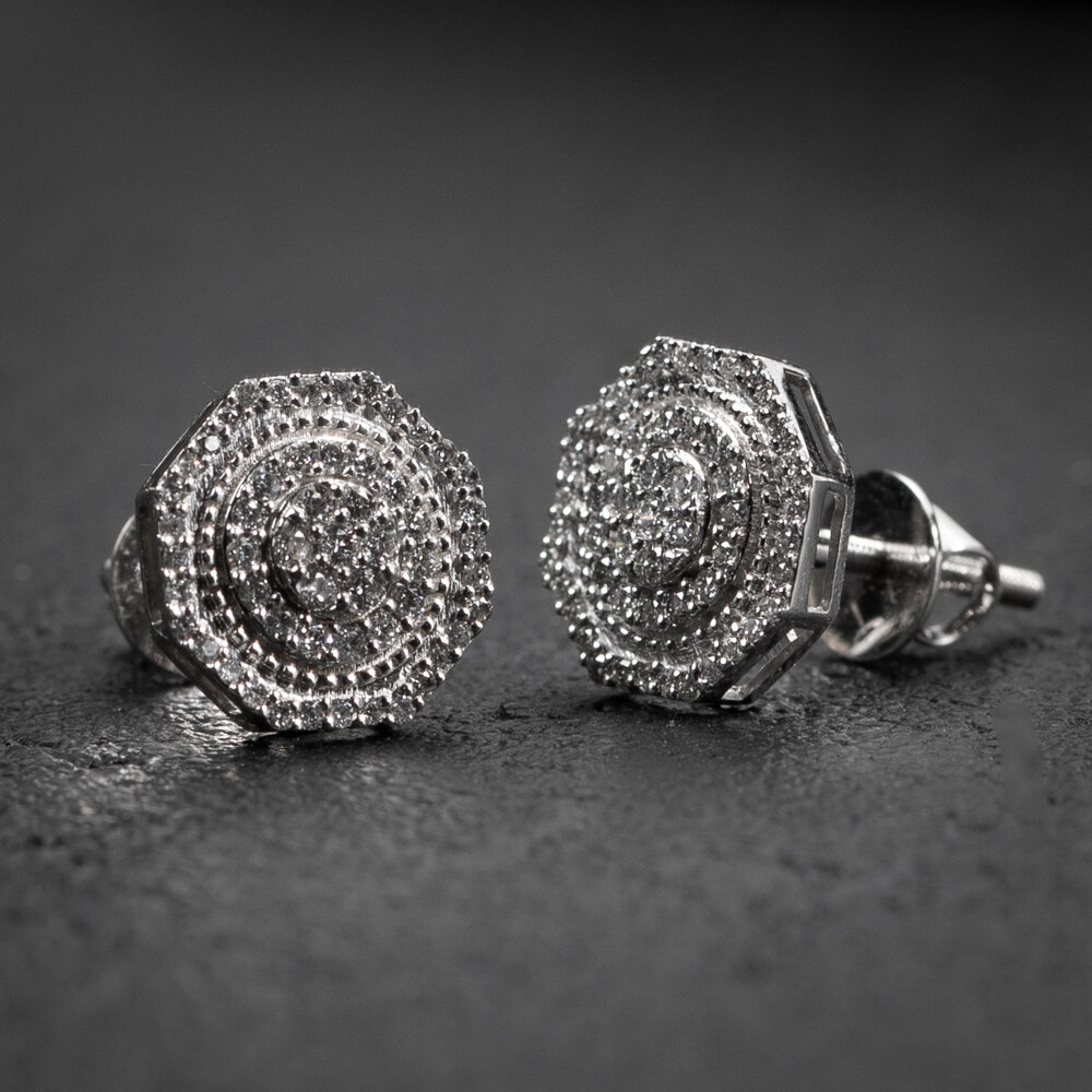 Hip Hop Men&#39;s 14K White Gold 0.46Ct Diamond Octagon Stud Earrings