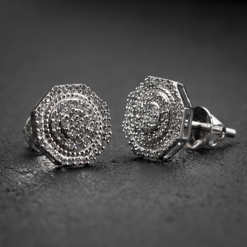 Hip Hop Men&#39;s 14K White Gold 0.46Ct Diamond Octagon Stud Earrings