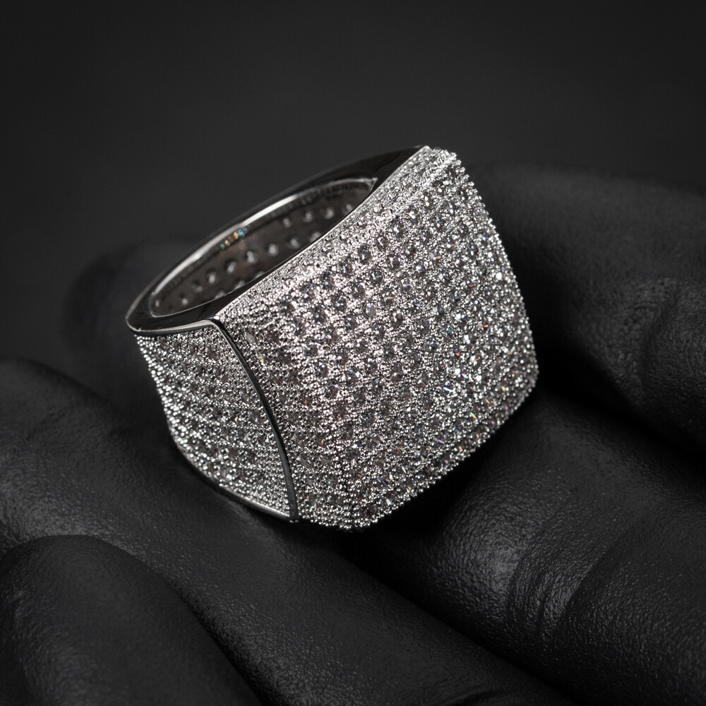 Men&#39;s Iced Cz Micro Pave Large White Gold Plated Pinky Ring