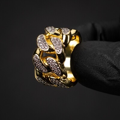 Yellow Gold Plated Iced Cz Miami Cuban Link Pinky Ring