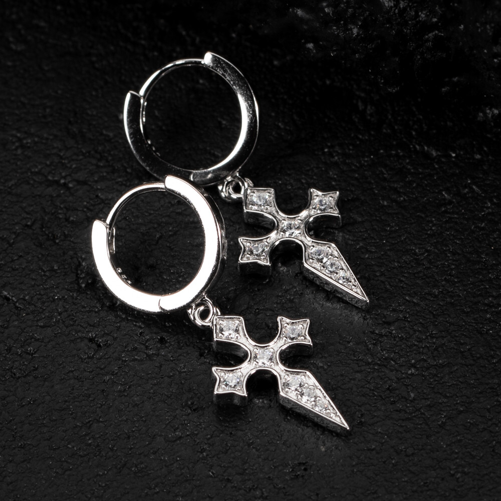 Men&#39;s 925 Sterling Silver Iced Hanging Dagger Cross Hoop Earrings