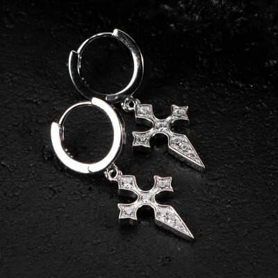Men&#39;s 925 Sterling Silver Iced Hanging Dagger Cross Hoop Earrings