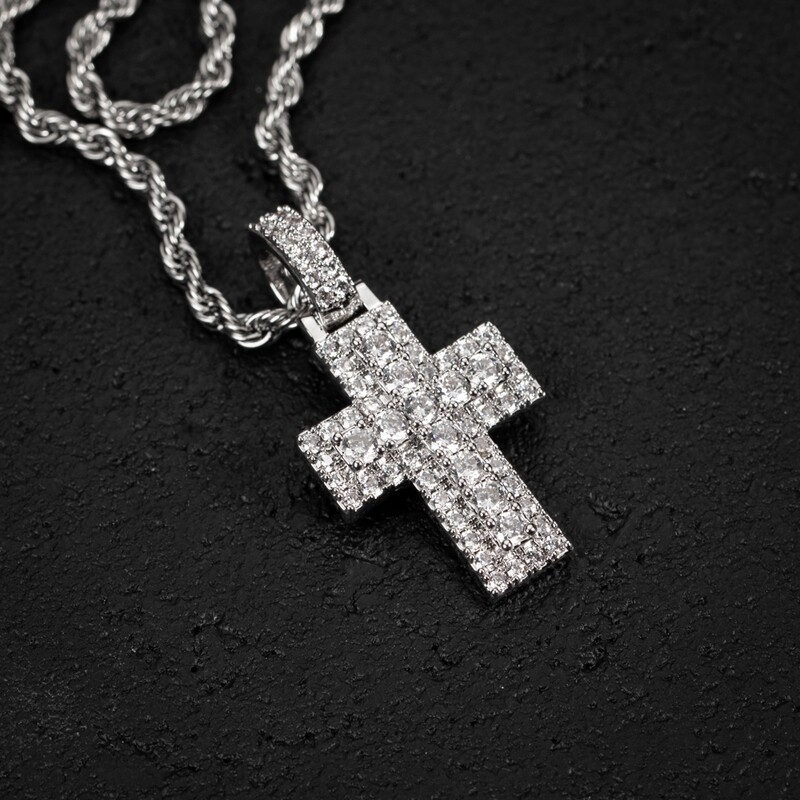 Small Iced Pointer Cz White Gold Plated Cross Pendant Necklace