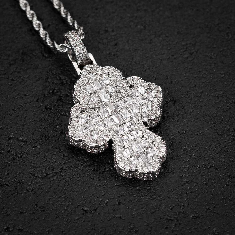 Fully Iced Cz White Gold Plated Baguette Clover Cross Pendant Necklace
