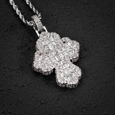 Fully Iced Cz White Gold Plated Baguette Clover Cross Pendant Necklace