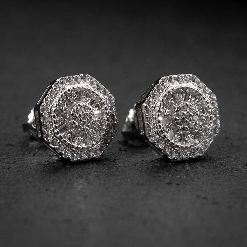 White Gold Plated 925 Sterling Iced Cz Octagon Shaped Stud Earrings