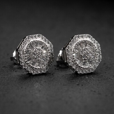 White Gold Plated 925 Sterling Iced Cz Octagon Shaped Stud Earrings