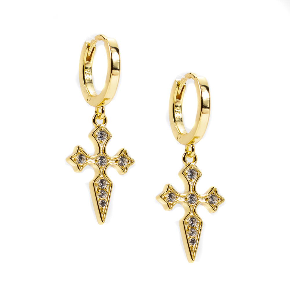 Yellow Gold 925 Sterling Silver Iced Hanging Dagger Cross Hoop Earrings