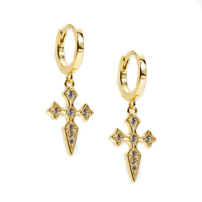 Yellow Gold 925 Sterling Silver Iced Hanging Dagger Cross Hoop Earrings
