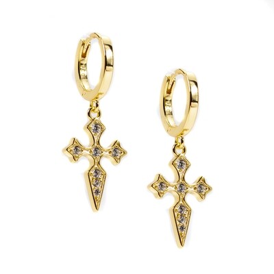 Yellow Gold 925 Sterling Silver Iced Hanging Dagger Cross Hoop Earrings