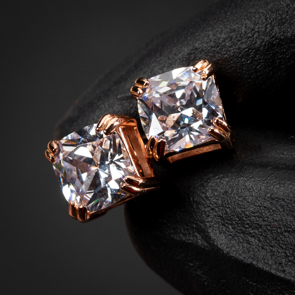 Rose Gold Plated 925 Sterling Silver Cushion Cut Screw Back Stud Earrings