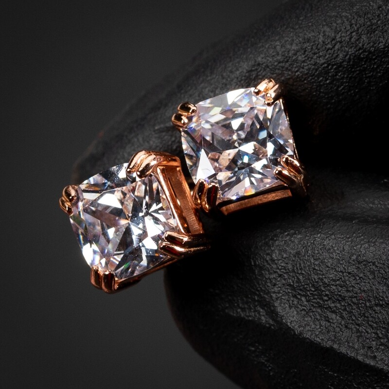 Rose Gold Plated 925 Sterling Silver Cushion Cut Screw Back Stud Earrings