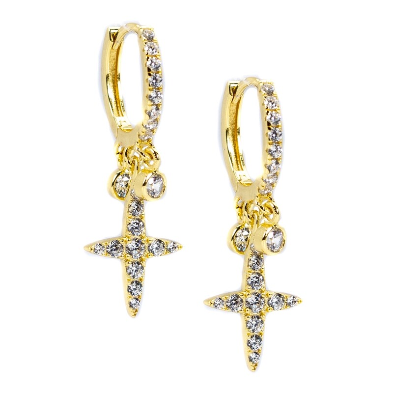Gold Plated Sterling Silver Micro Dangle Cross Hoop Earrings