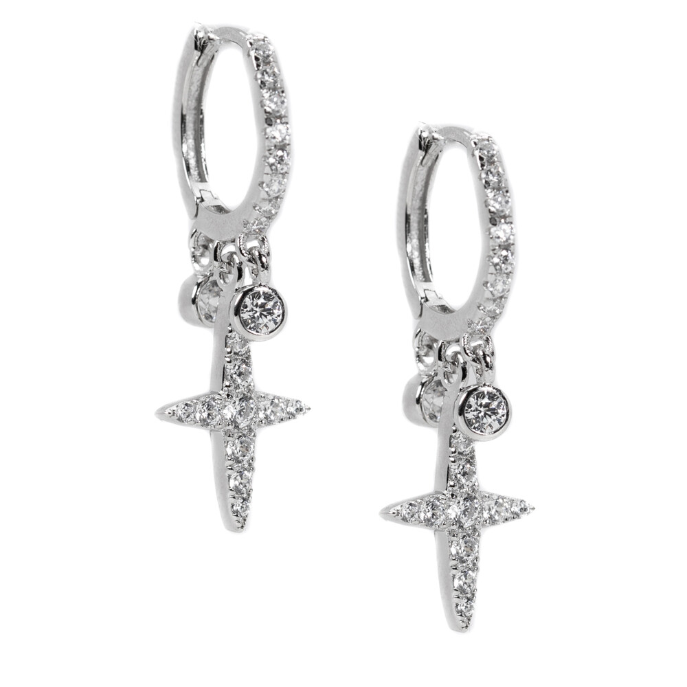 White Gold Plated Sterling Silver Micro Dangle Cross Hoop Earrings