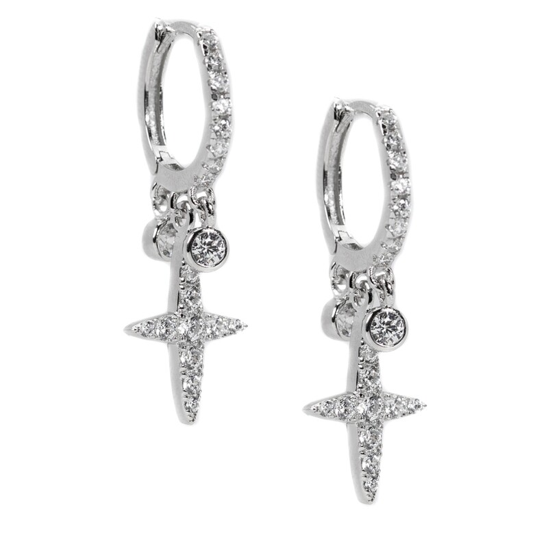 White Gold Plated Sterling Silver Micro Dangle Cross Hoop Earrings