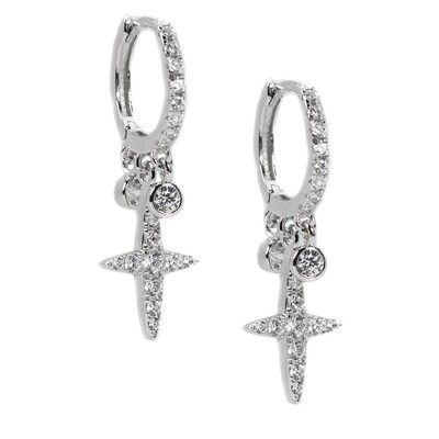 White Gold Plated Sterling Silver Micro Dangle Cross Hoop Earrings