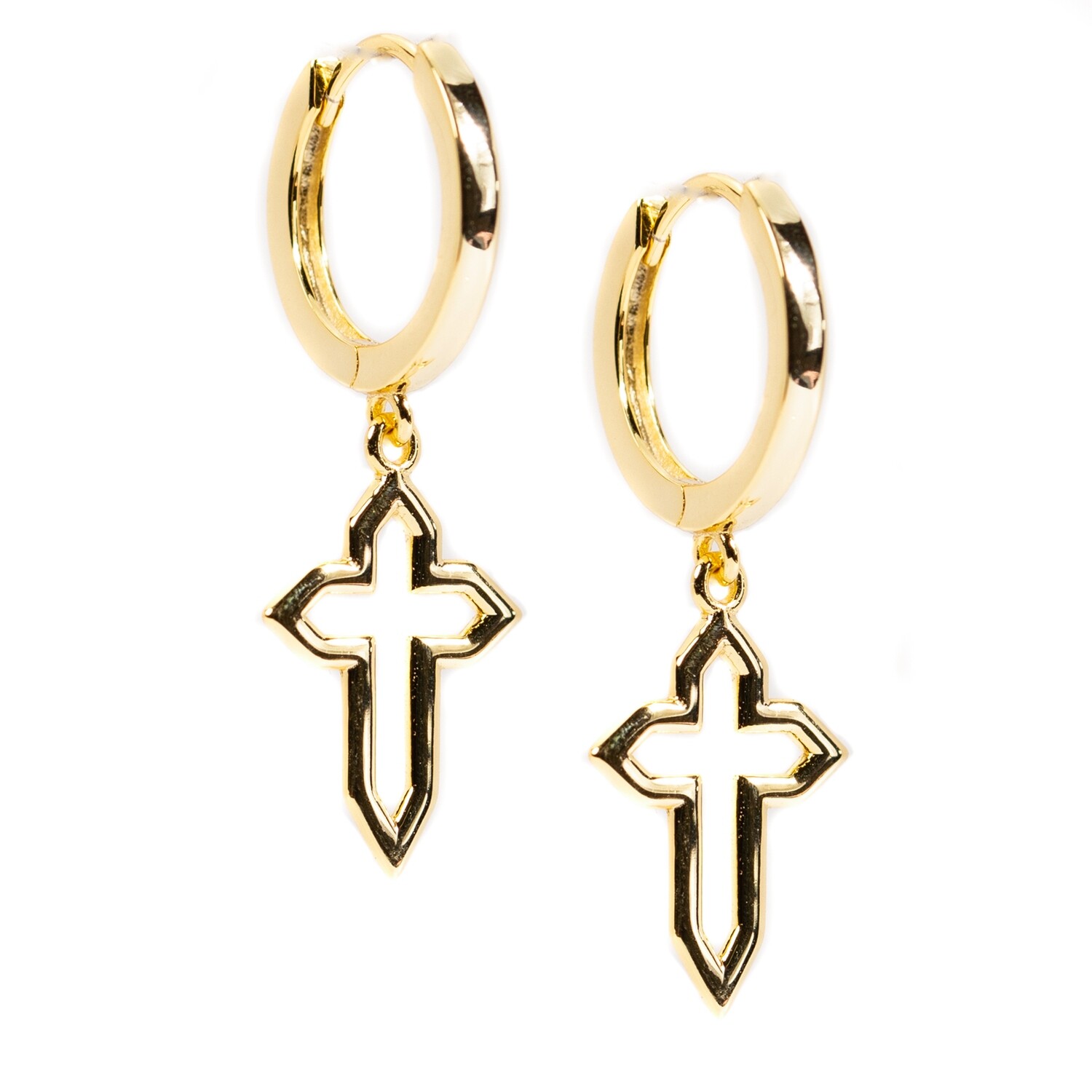 Men&#39;s Solid 14K Gold 925 Sterling Silver Dangle Cross Hoop Earrings