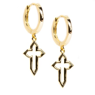 Men&#39;s Solid 14K Gold 925 Sterling Silver Dangle Cross Hoop Earrings